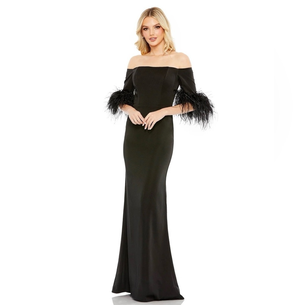 NWT MAc Duggal Feather Sleeves Off The Shoulder Dress